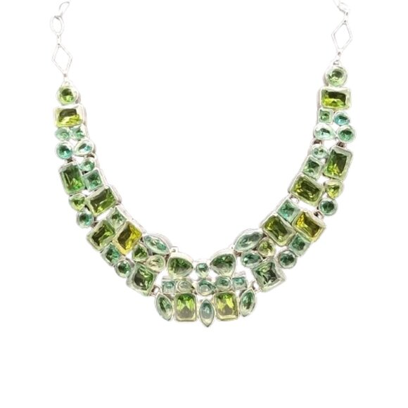 Statement Green Glass Stone Bib Necklace Silver Tone Chunky Collar Boho Jewelry - Picture 10 of 16